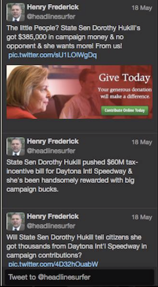 Henry Frederick tweet on Dorothy Hukill receiving Speedway funding / Headline Surfer