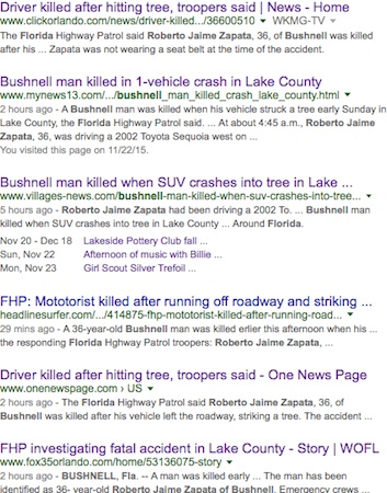 Google search list of media outlets covering Lake County MV fatality / Headlline Surfer®