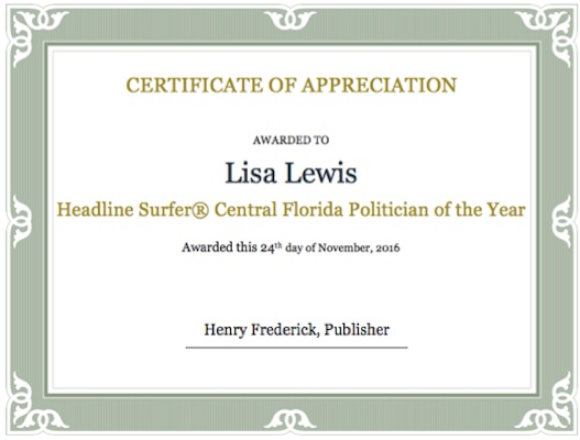 Volusia Supervisor of Elections Lisa Lewis the Headline Surfer Central Florida Politician of the Year for 2016 / Headline Surfer®
