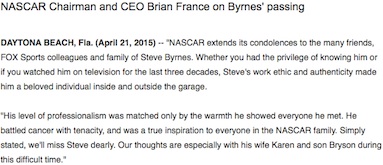 NASCAR statement on passing of Steve Byrnes / Headline Surfer®