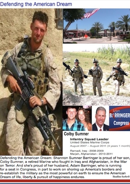 Shannon Sumner Barringer's son, Colby Sumner, fought the War on Terror, and her husband,m Adam Barringer, is running for Congress to do the same / Headline Surfer®