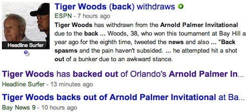 Tiger Woods' withdrawal from the Orlando Arnold Palmer Invitational big news / Headline Surfer®