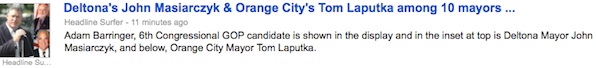 ABarringer endorsement story trewnding in Google News Directories for Deltona, Sanford, Orange City / Headline Surfer®
