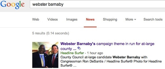 Webster Barnaby campaign story tops Google search / Headline Surfer®
