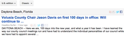 Jason Davis blog tops on Google News for Daytona Beach / Headline Surfer