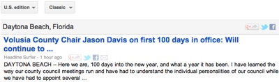 Jason Davis blog tops in Google News for Daytona Beach / Headline Surfer