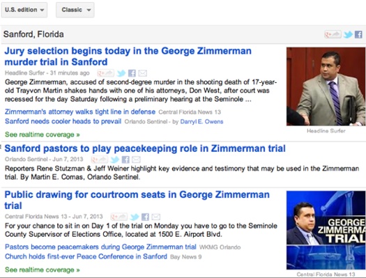 Zimmerman stories trending this morning on Google / Headline Surfer
