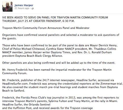 James Harper announcing Trayvon Martin Forum / Headline Surfer