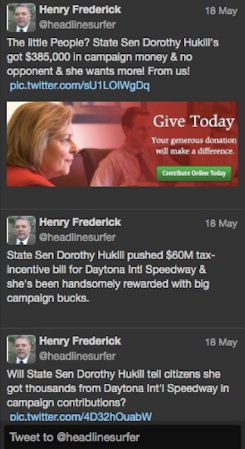 Headlinesurfer.com tweets detailing State Sen. Dorothy GHukill Speedway campaign funds / Headline Surfer®