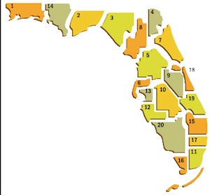 Florida map showing 20 judicial circuits statewide / Headline Surfer®