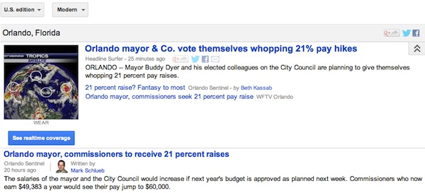 Headline Surfer's story on Orlando mayors 21% pay hike leads Orlando Google News Directories / Headline Surfer