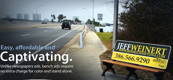 Waverly Media bench ads dot Volusia County landscape as shown here at Dunlawton Bridge in Port Orange, FL / Headline Surfer®