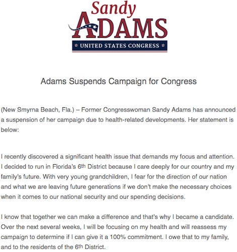 Sandy Adams letter suspending congressional campaign / Headline Surfer®