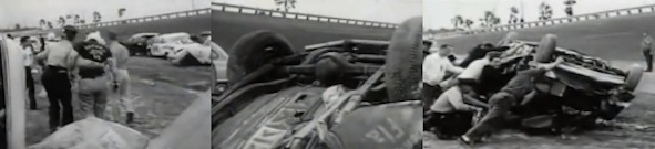 Trio of screenshots from vintage footage of the biggest pile-up of cars at Daytona Int'l Speedway during the start of a race in 1960 / Headline 