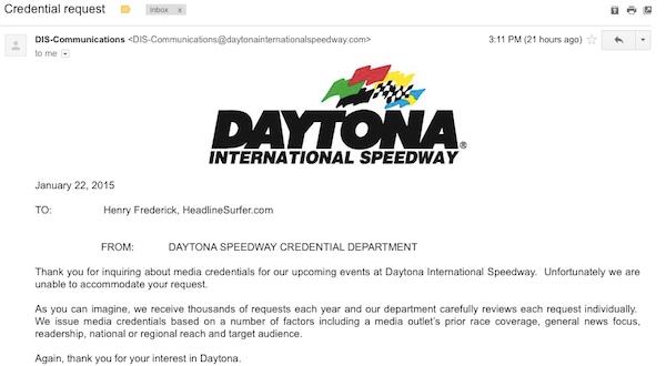 Daytona International Speedway denies media credentials to internet newspaper / Headline Surfer®