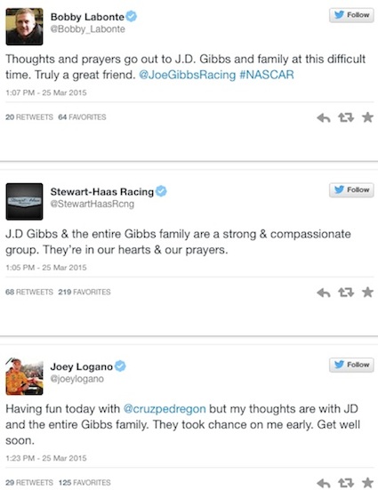 Twitter comments from NASCAR drivers on health of JD Gibbs / Headline Surfer®