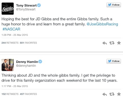 Twitter comments from NASCAR drivers on JD Gibbs / Headline Surfer®