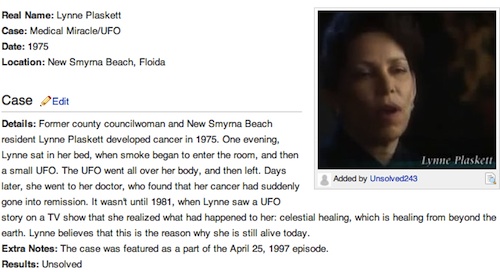 Wiki page on Lynne Plaskett and Unsolved Mysteries / Headline Surfer