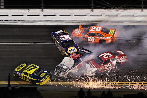 Dale Ernhardt Jr. (88) gets caught up in wreck at Bud Shootout.