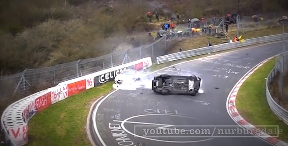 BMW M3 driver flips in crash on road course at the Nrburgring VLN race in 2012 in Germany / Headline Surfer®