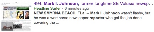 Internet story on Mark I. Johnson of New Smyrna Beach trends in Google search engines / Headline Surfer®