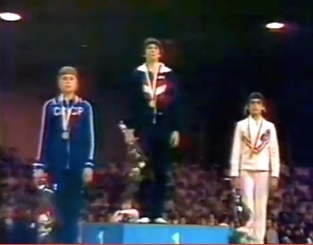 Marcia Frederick stands on podium for gold medal in Stasbourg, France in 1978 / Headline Surfer®