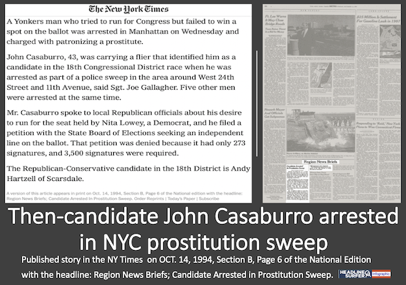 NY Times reported tn-candidae John Casaburro was arrested in NYC in a prosdtitution sweep / Headline Surfer infographic