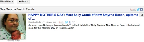 Sally Crank Morther's Day feature in Google News / Headline Surfer®