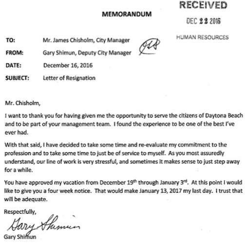 Daytona Assistant Mager Gary Shimun resignation letter in wake of alklegation of involvement in prostitution sting / Headline Surfer
