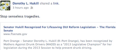 State Sen. Dorothy Hukill's revised posting on Facebook / Headline Surfer®