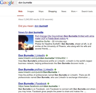 Don Burnette search in Google / Headline Surfer®