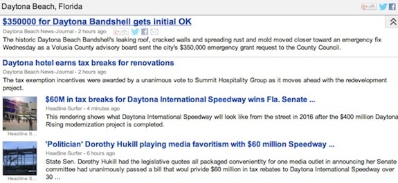 Internet newspaper story on Daytona International Speedway tax breaks trends in 4 mins / Headline Surfer®