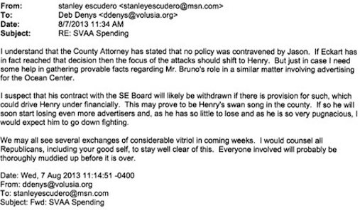 Stan Escudero email to Councilwoman Deb Denys involving the internet newspaper's publisher, Henry Frederick / Headline Surfer®
