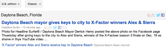 Alex and Sieera story shoots to the top of the Google News Directory for Daytona Beach, FL / Headline Surfer®