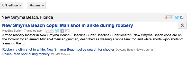 Headline Surfer's story on robbery leads coverage in Google News Directories / Headline Surfer