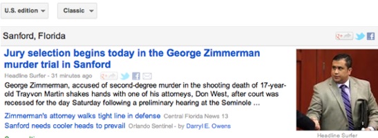 Zimmerman trial coverage / Headline Surfer
