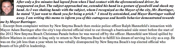 New Smyrna Beach cop Ralph Hunnefeld filed a complaint against Mayor Adam Barringer / Headline Surfer