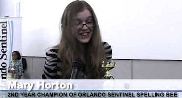 Mary Horton, 13, of West Melbourne, FL, was a 5th place finisher in 2014 National Spelling Bee contest
