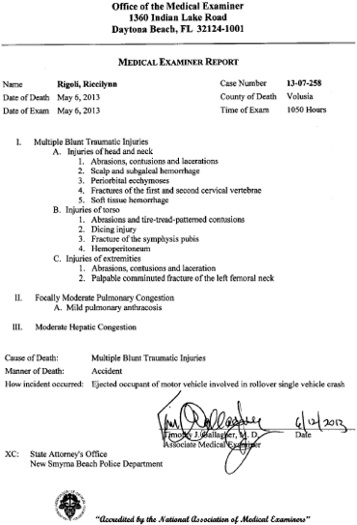 Medical examiner's autopsy report on R. Rigoli killed May 6 in DUi crash in NSB / Headline Surfer