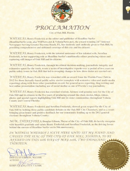 Oak Hill, FL proclamation for 5th anniversary Headline Surfer / Headline Surfer