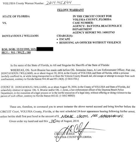 Copy of warrant signed by Judge Jaes Clyton for Deltona man who escaped from Daytona cops while cuffed / Headline Surfer®